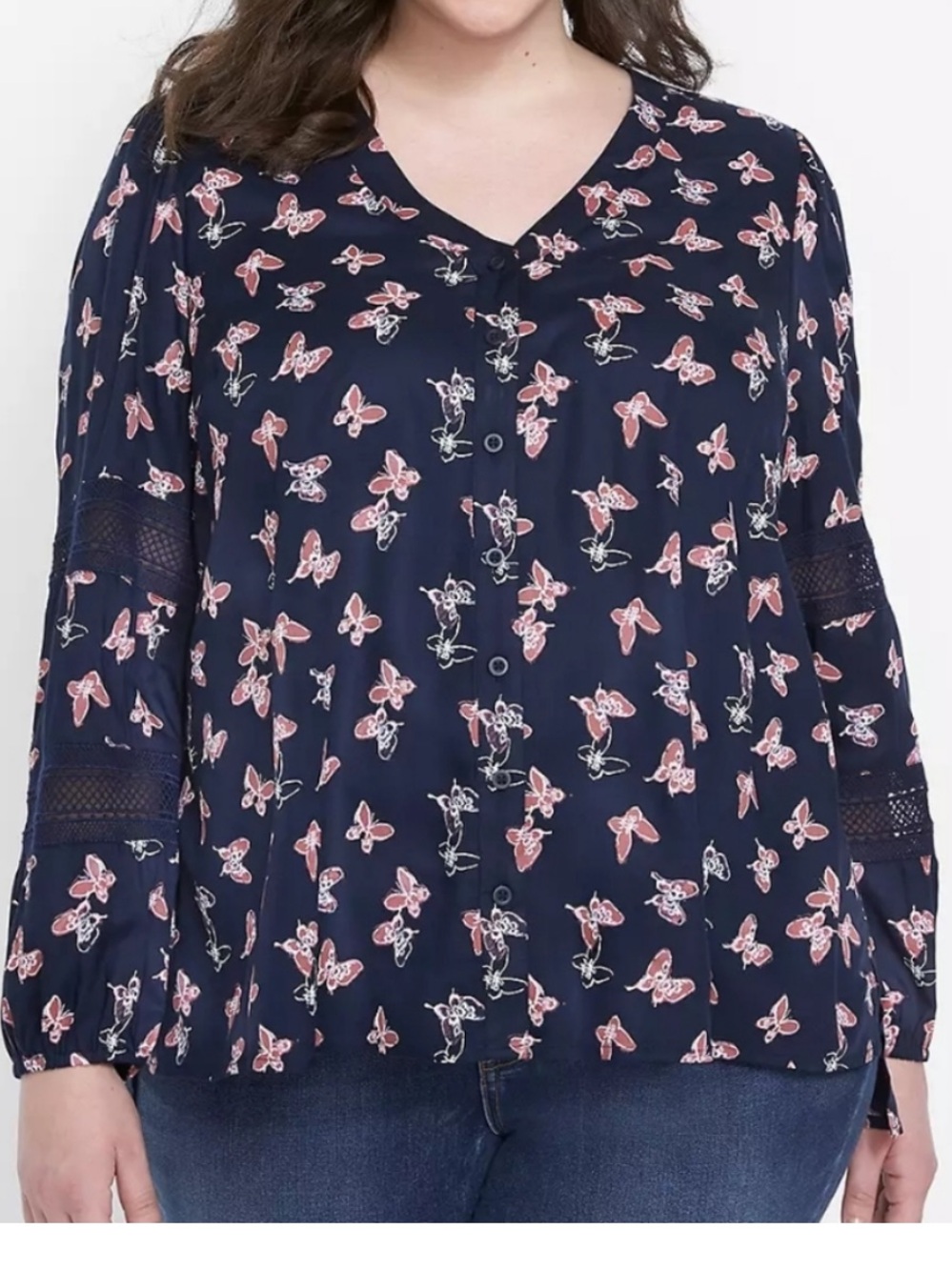 Lane Bryant Butterfly Print Blouse Women’s 18/20 Navy Pink Lace Sleeve Boho Plus